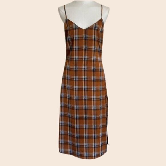 William B Burnt Orange Plaid Grunge Midi Slip Dress with Thigh Split Size Small - Picture 1 of 14
